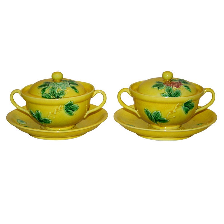 Pair Awaji Pottery Covered Bowls with Applied Chrysanthamums For Sale