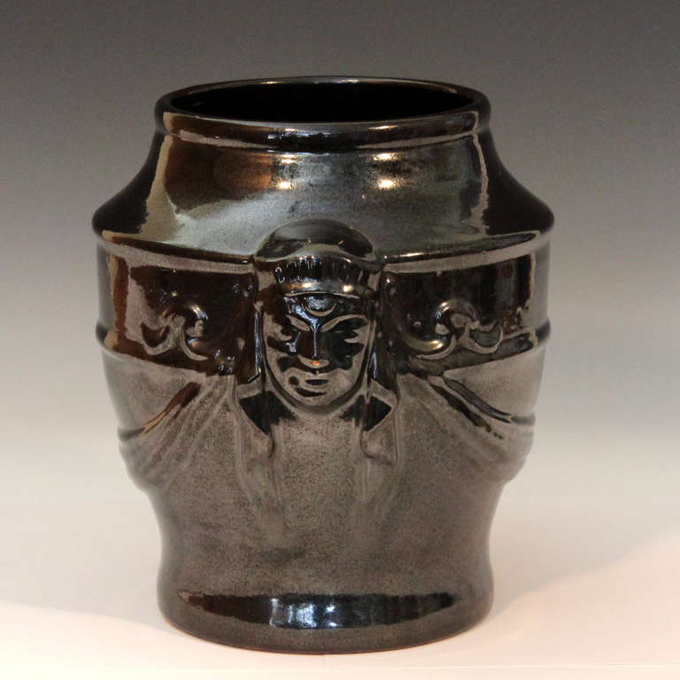Art Nouveau Antique Galloway Terracotta Metallic Black Vase For Sale