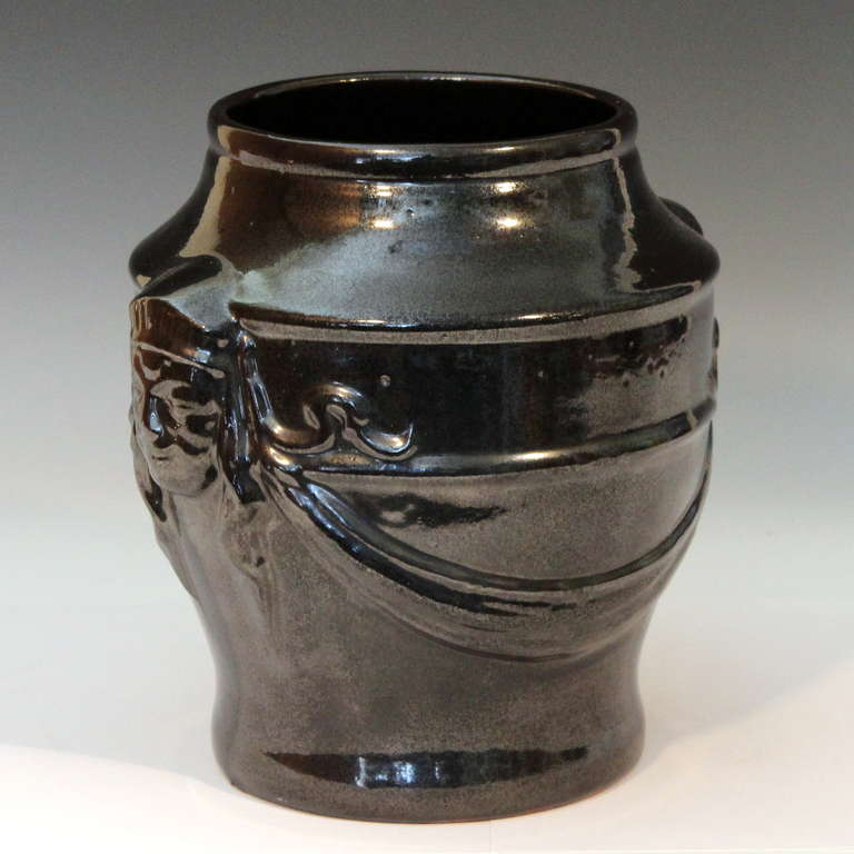 Terrific classical revival vase with face masks and garlands in crystalline black glaze attributed to the Galloway Terracotta Co, circa 1910's, Philadelphia, Pa. 9