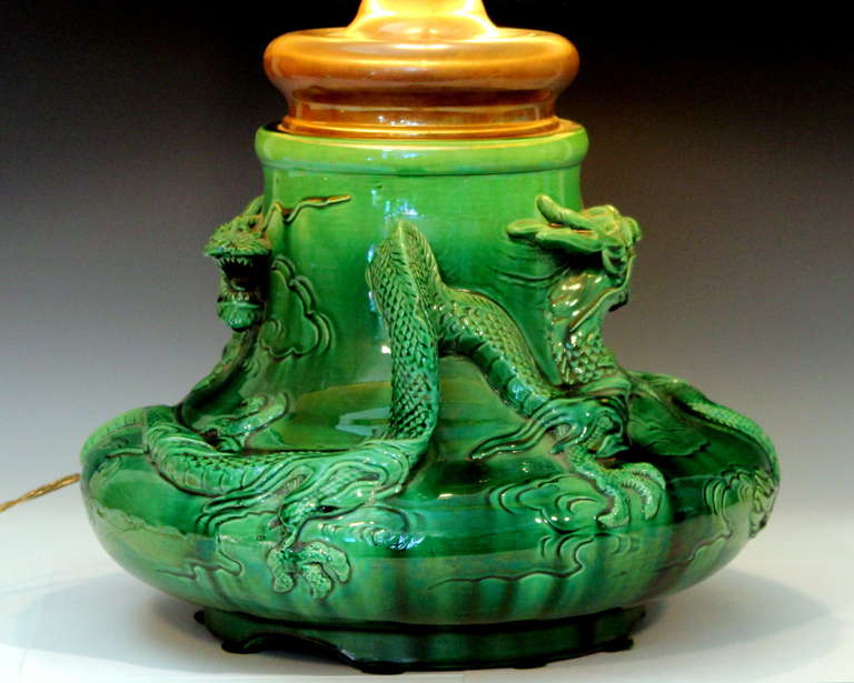Japanese Awaji Pottery Dragon Lamp For Sale