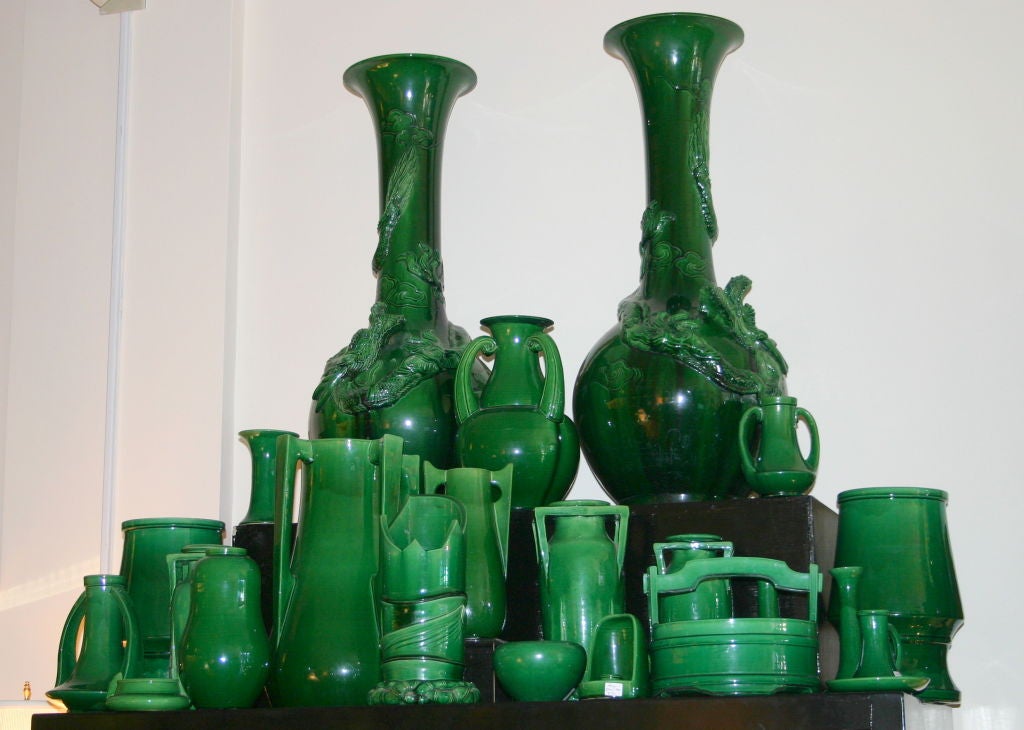 Large Awaji Pottery Green Swirl Vase 1