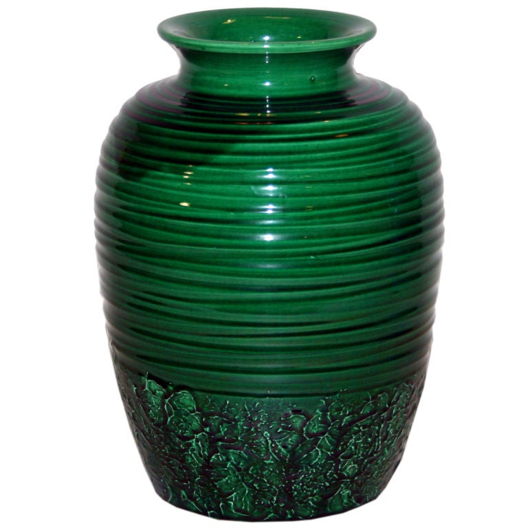 Large Awaji Pottery Green Swirl Vase