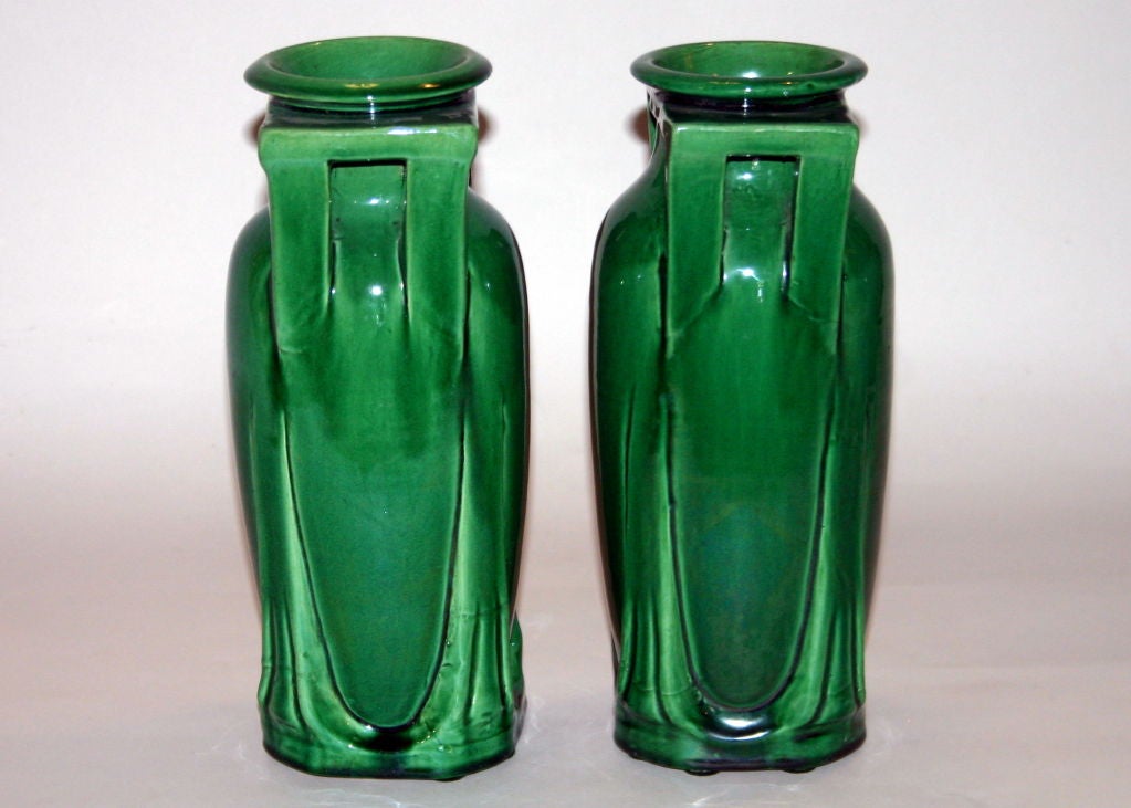 Pair Awaji Art Pottery Buttress Handle Vases