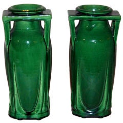 Pair Awaji Art Pottery Buttress Handle Vases