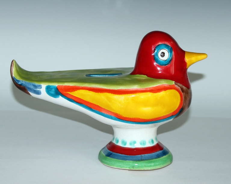 Vintage DeSimone pottery Bird bank in streamlined form and bold 1960's colors. Signed on base. Cork stopper.
