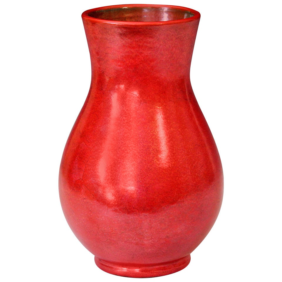Vintage Italian Chrome Red Art Pottery Vase For Sale