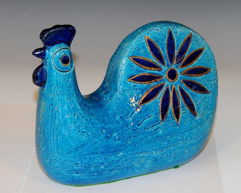Vintage Bitossi for Rosenthal-Netter rooster figure, circa 1960's. With incised starburst tail and terrific turquoise glaze. 8 3/4' long 6 3/4