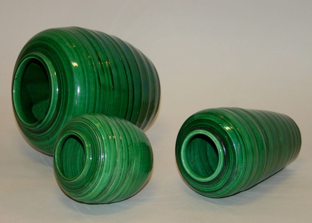 Three Awaji Pottery Green "Swirl" Vases