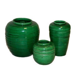 Three Awaji Pottery Green "Swirl" Vases