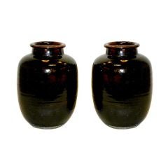 Pair Black Glazed Japanese Shigaraki Jars/Vases
