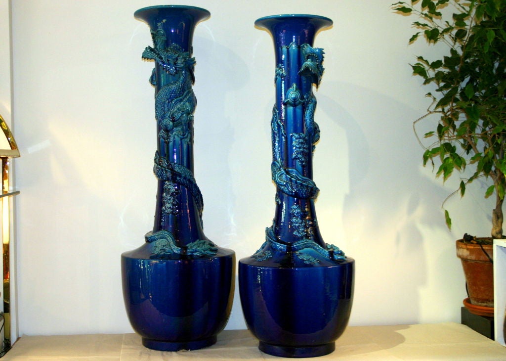 Pair Palace Size Kyoto Pottery Dragon Vases