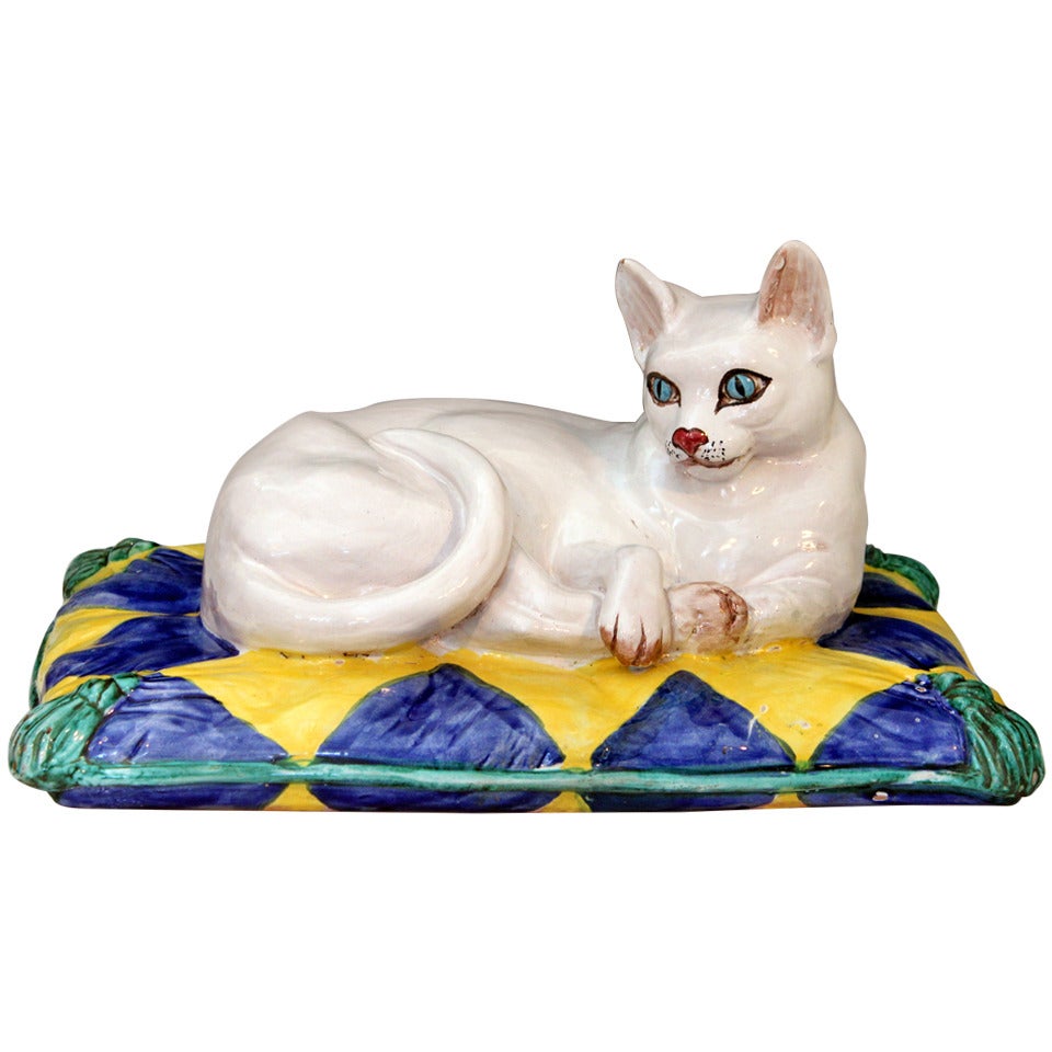 Vintage 1960s Italian Art Pottery Majolica Cat on Pillow