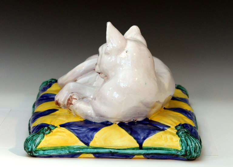 Pressed Vintage 1960s Italian Art Pottery Majolica Cat on Pillow