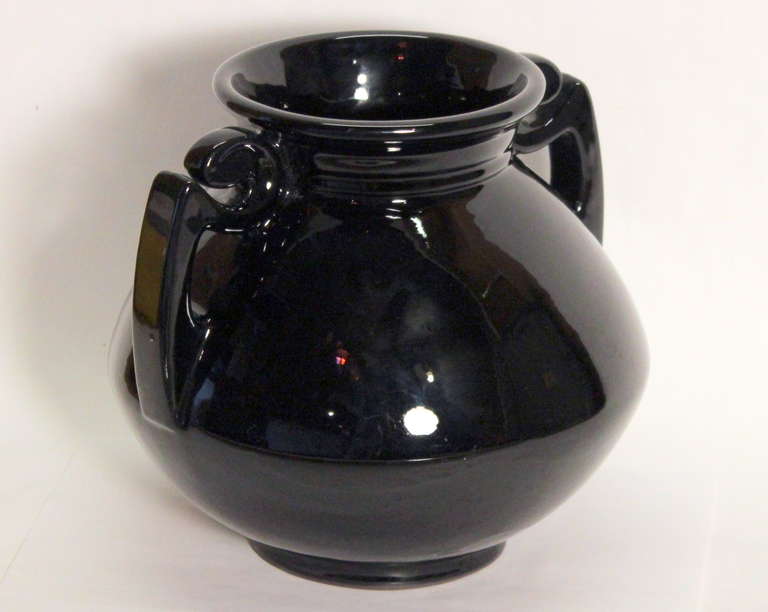Vintage Art Deco Roseville Mirror Black Art Pottery Vase In Excellent Condition In Wilton, CT