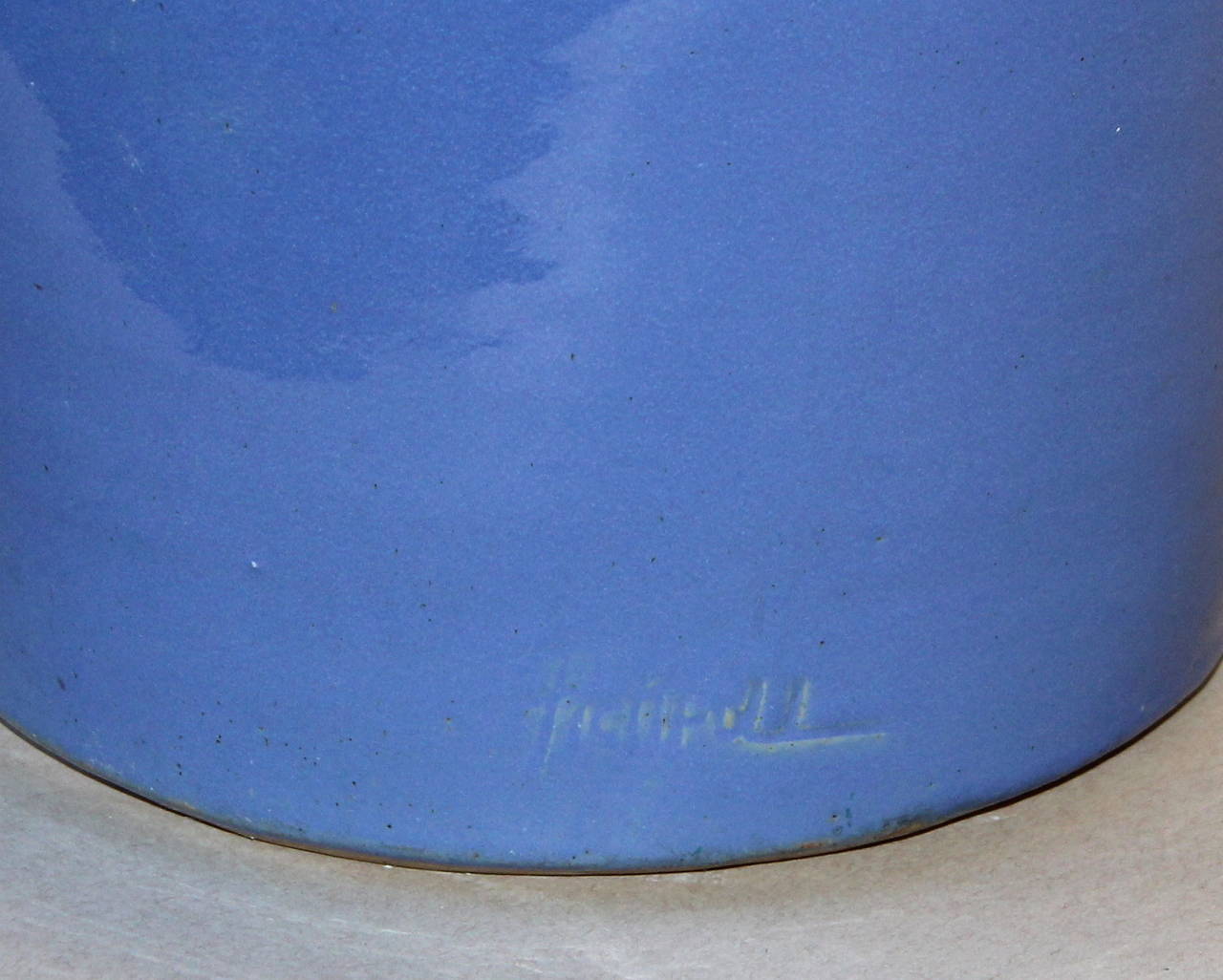 American Rare Hand Turned Zanesville Ohio Handles Blue Art Pottery Vase, Signed Pickerill