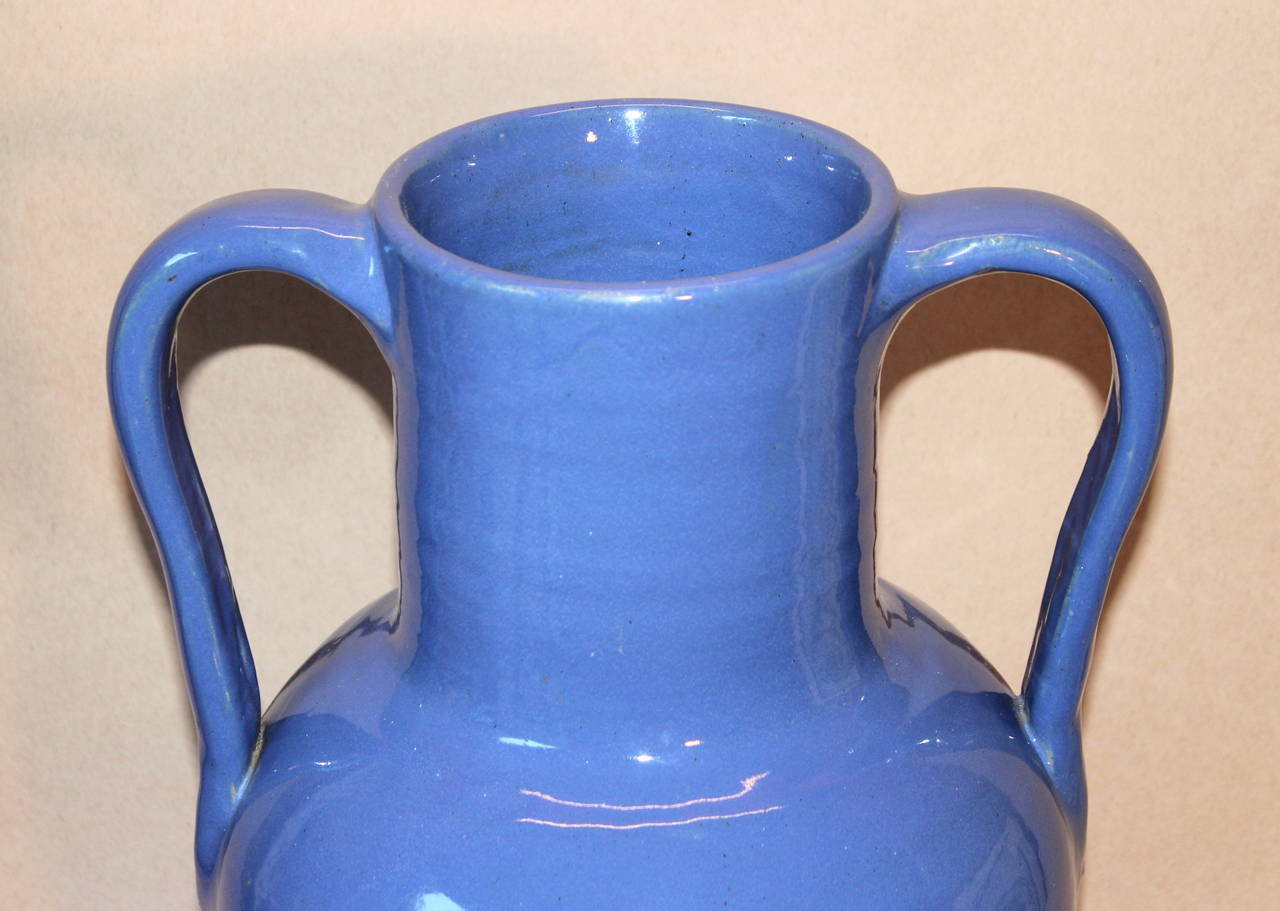 20th Century Rare Hand Turned Zanesville Ohio Handles Blue Art Pottery Vase, Signed Pickerill