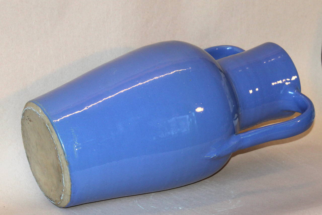 American Craftsman Rare Hand Turned Zanesville Ohio Handles Blue Art Pottery Vase, Signed Pickerill