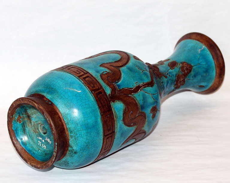 Hollywood Regency Vintage Turquoise Zaccagnini Italian Art Pottery Vase with Asian Motif