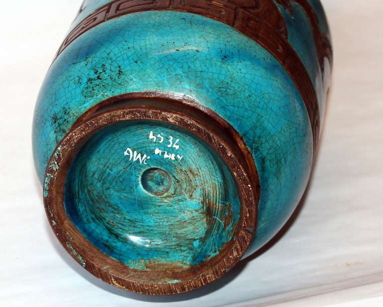 Turned Vintage Turquoise Zaccagnini Italian Art Pottery Vase with Asian Motif