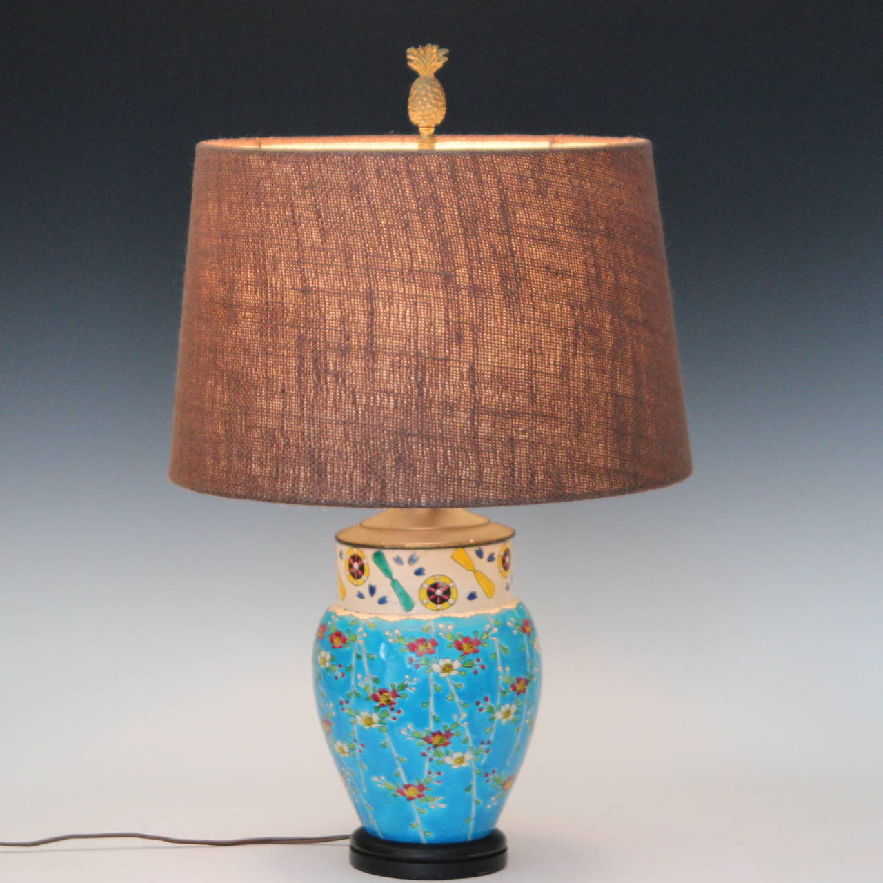 Antique Japanese Enameled Pottery Turquoise Buddhist Lamp 4