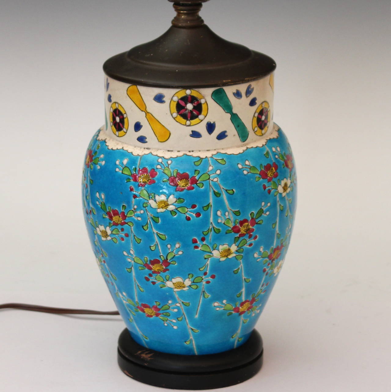 Turned Antique Japanese Enameled Pottery Turquoise Buddhist Lamp