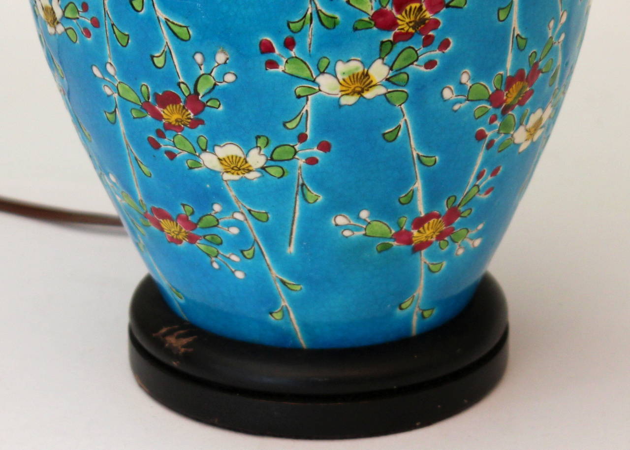 Early 20th Century Antique Japanese Enameled Pottery Turquoise Buddhist Lamp