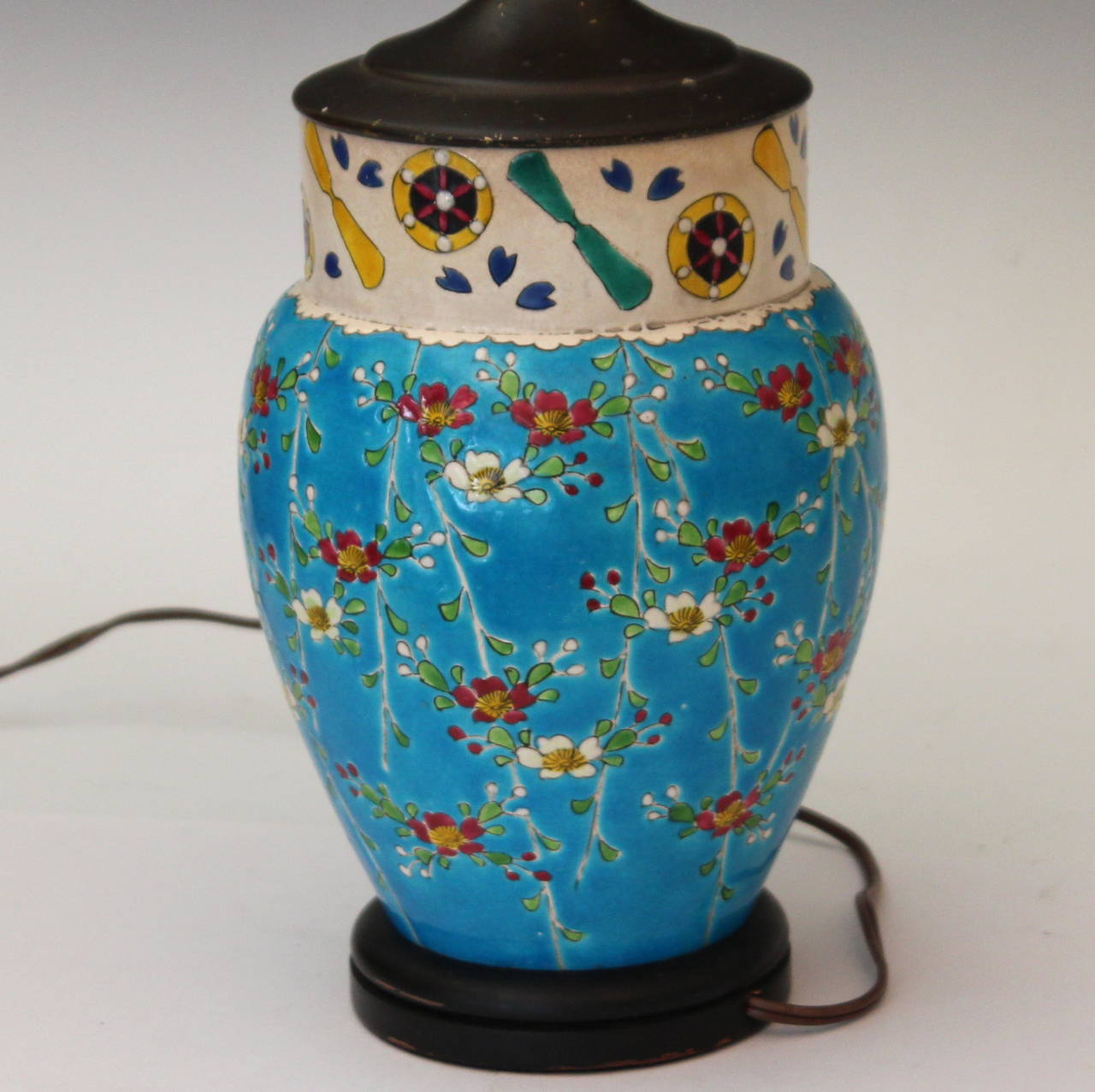 Art Nouveau Antique Japanese Enameled Pottery Turquoise Buddhist Lamp
