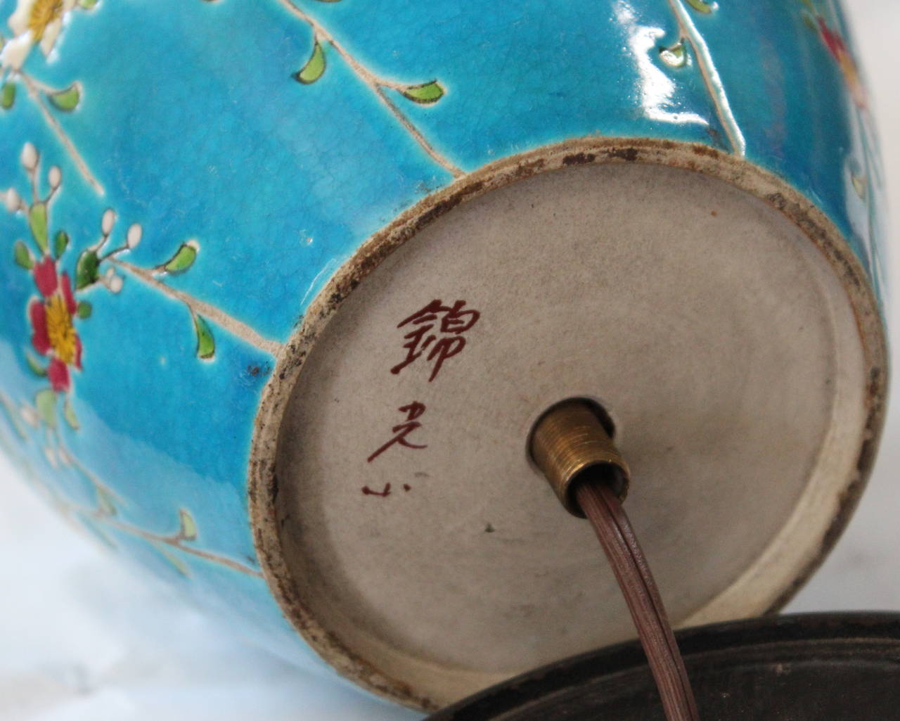 Antique Japanese Enameled Pottery Turquoise Buddhist Lamp 2
