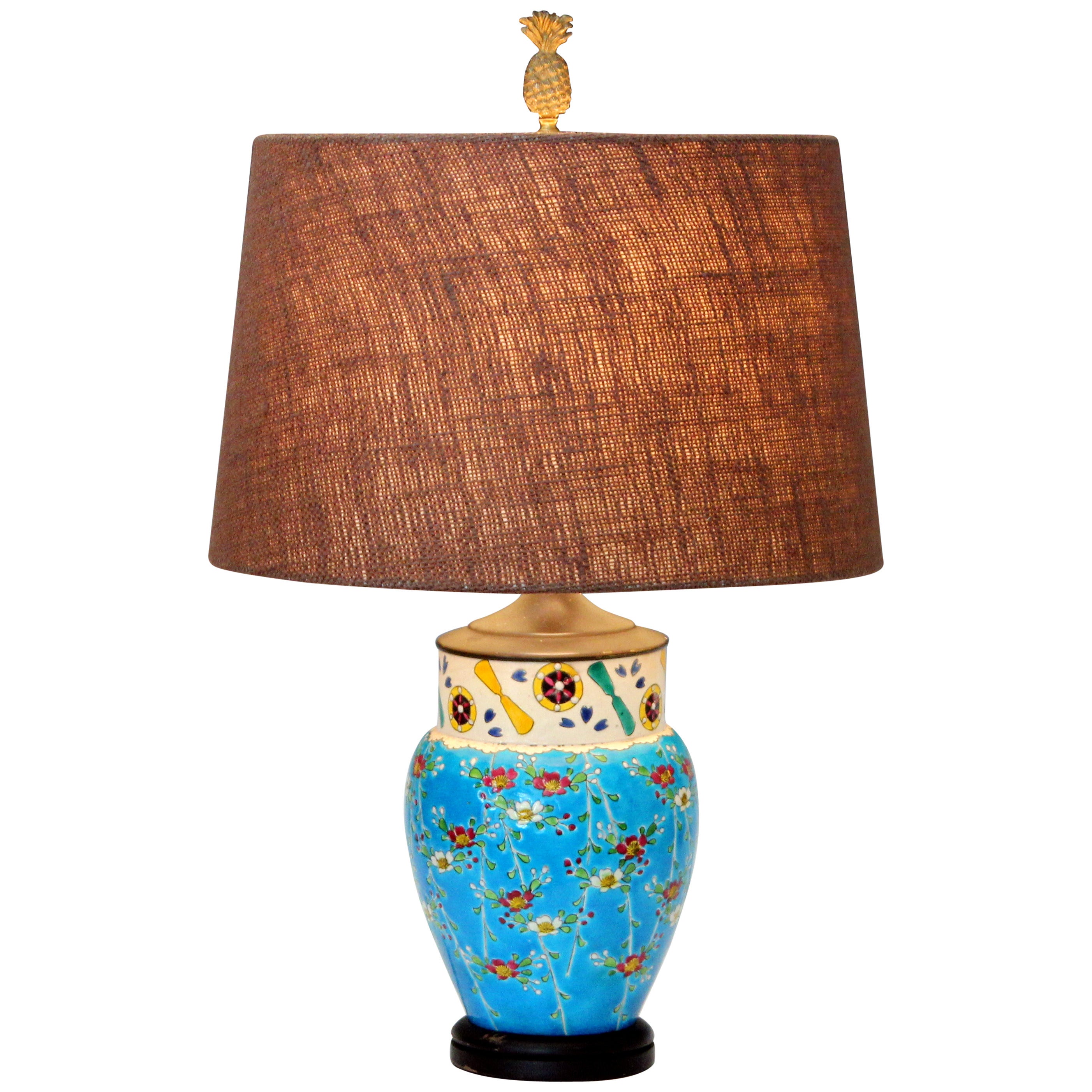 Antique Japanese Enameled Pottery Turquoise Buddhist Lamp