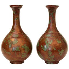 Pair of Vintage Japanese Art Deco Patinated Bronze Bottle Vases
