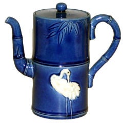 Antique Awaji Pottery Teapot with Applied Cranes