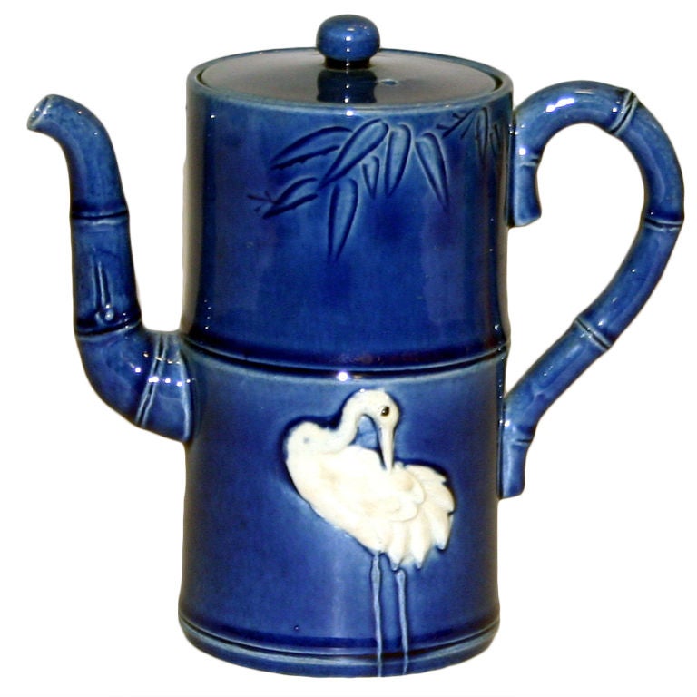 Antique Awaji Pottery Teapot with Applied Cranes For Sale