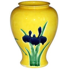 Exceptional Awaji Pottery Yellow Ground Iris Vase