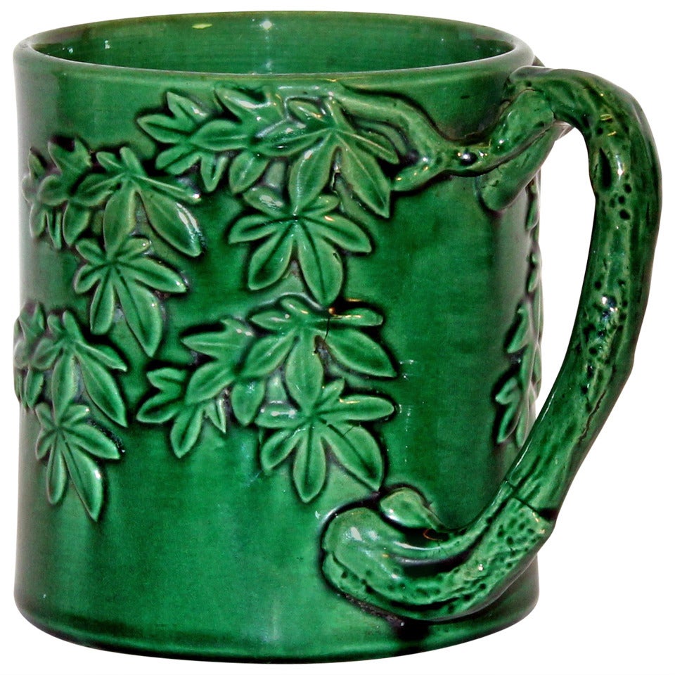 Awaji Pottery Mug with Twig Handle and Bamboo Fronds For Sale