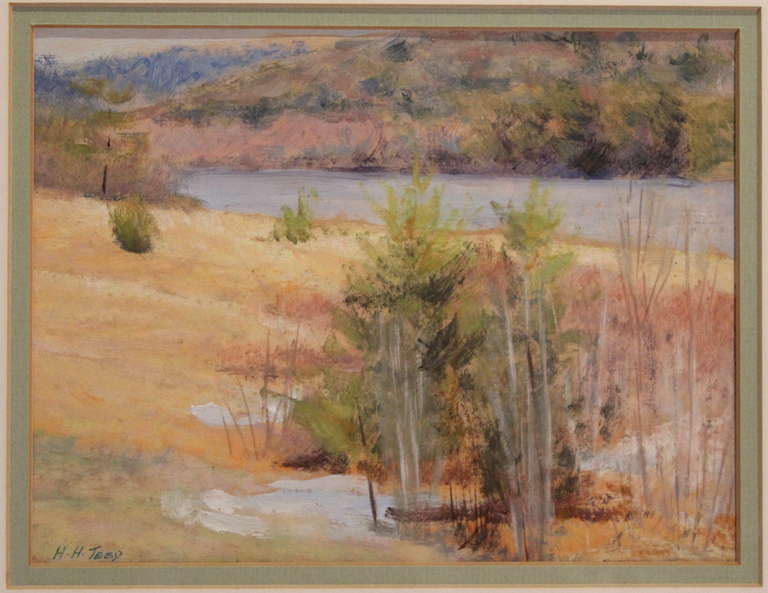 Framed gouache on paper landscape painting of lake, meadow, and forest. Signed HH Teed. Nicely done, attractively framed. 12 1/2