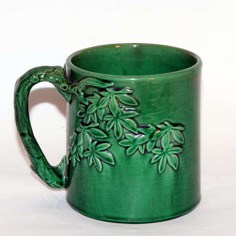 Japanese Awaji Pottery Mug with Twig Handle and Bamboo Fronds For Sale