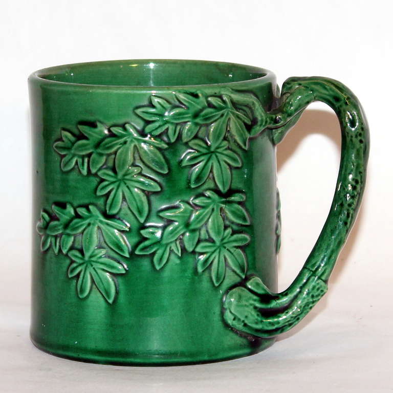 Aesthetic Movement Awaji Pottery Mug with Twig Handle and Bamboo Fronds For Sale