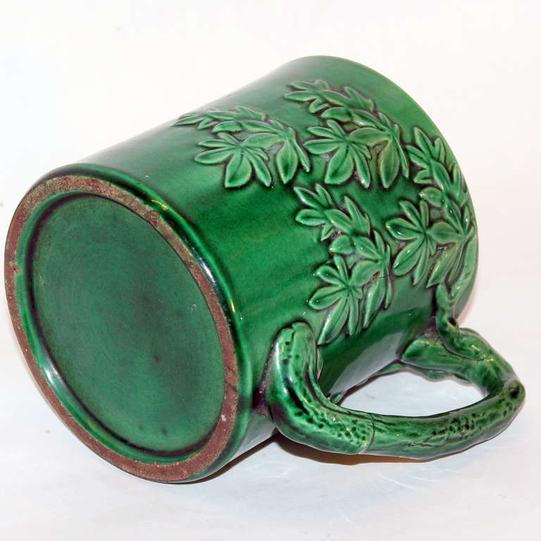 20th Century Awaji Pottery Mug with Twig Handle and Bamboo Fronds For Sale