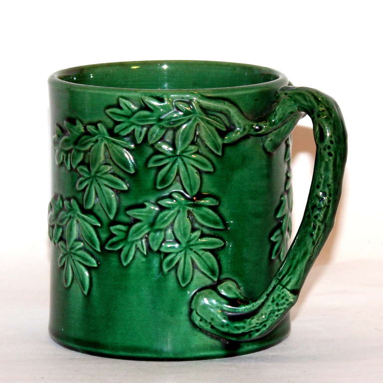 Awaji Pottery Mug with Twig Handle and Bamboo Fronds For Sale 3
