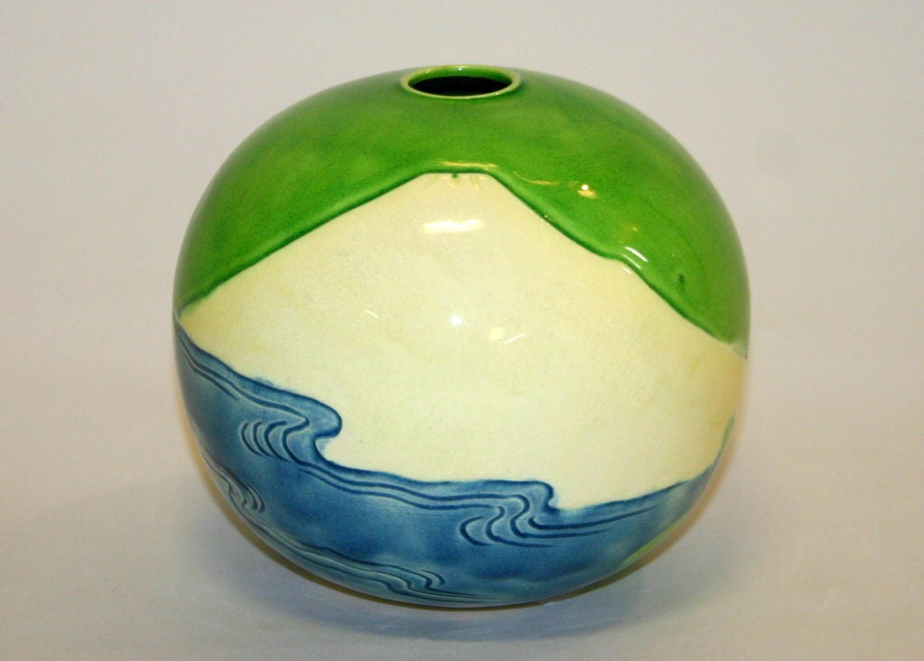 Arts and Crafts Antique Awaji Pottery Vase with Mt. Fuji For Sale