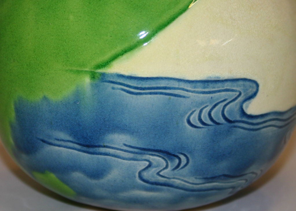 Antique Awaji Pottery Vase with Mt. Fuji For Sale 2
