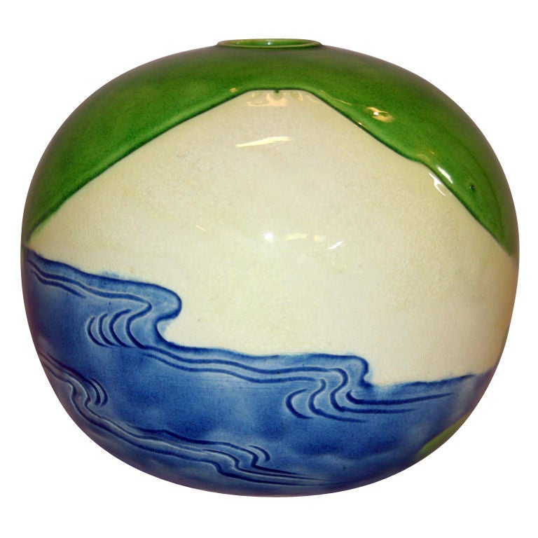 Antique Awaji Pottery Vase with Mt. Fuji For Sale