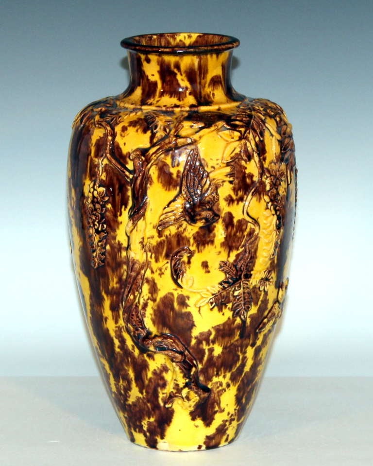 Antique Kyoto Pottery Vase with Wisteria and Birds at 1stDibs