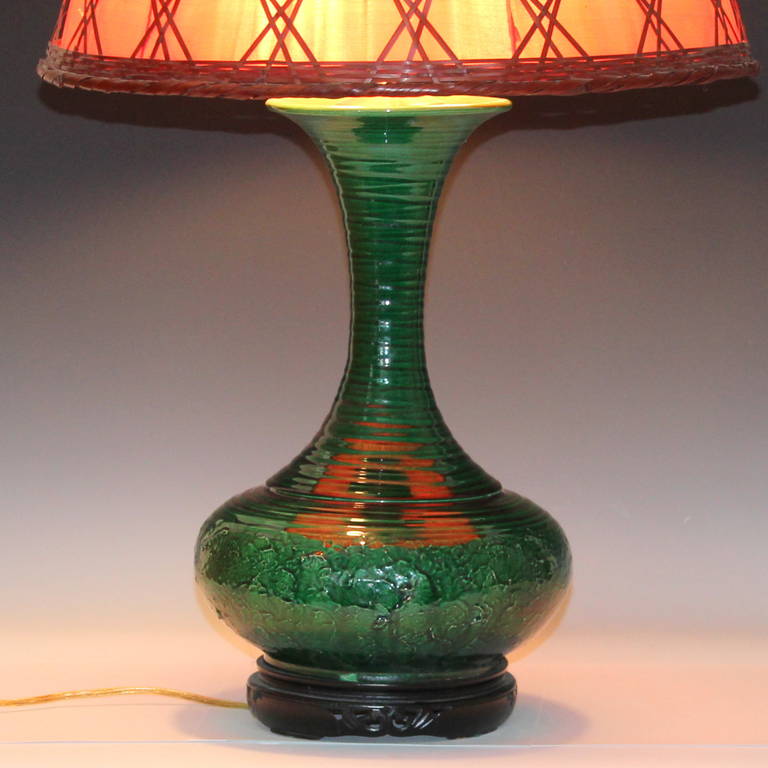 Arts and Crafts Awaji Pottery Lamp with Woven Bamboo Shade