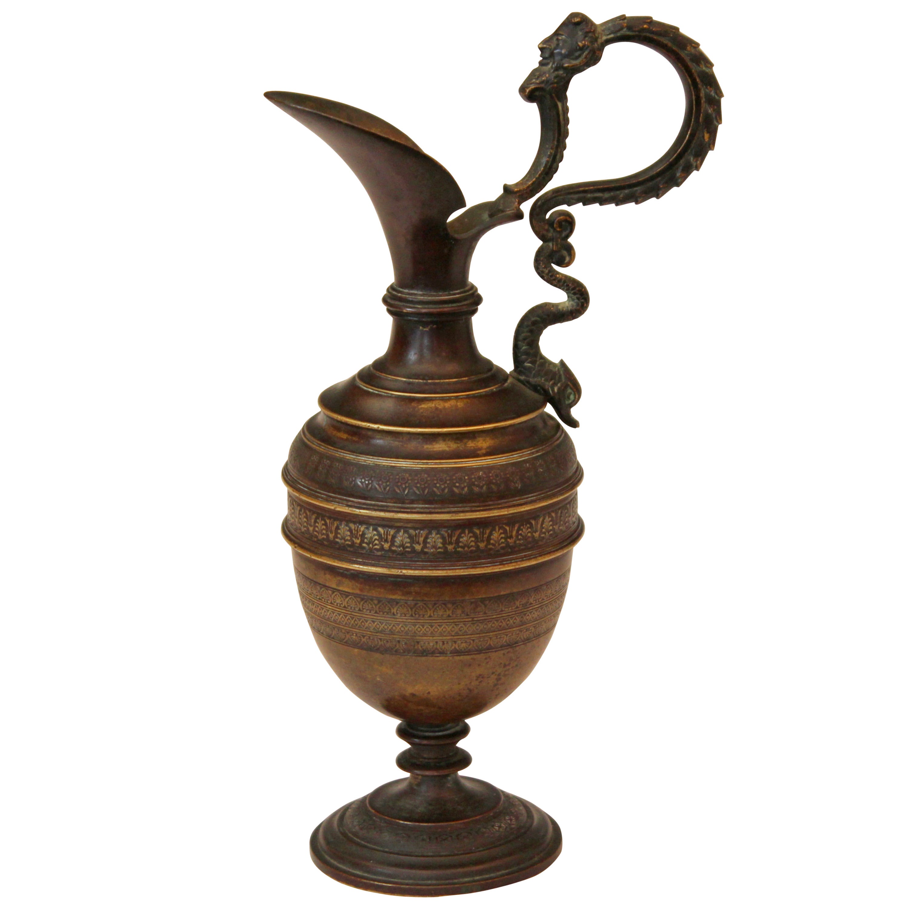 Antique Grand Tour Dark Patina Renaissance Revival Gilt Bronze Ewer For Sale