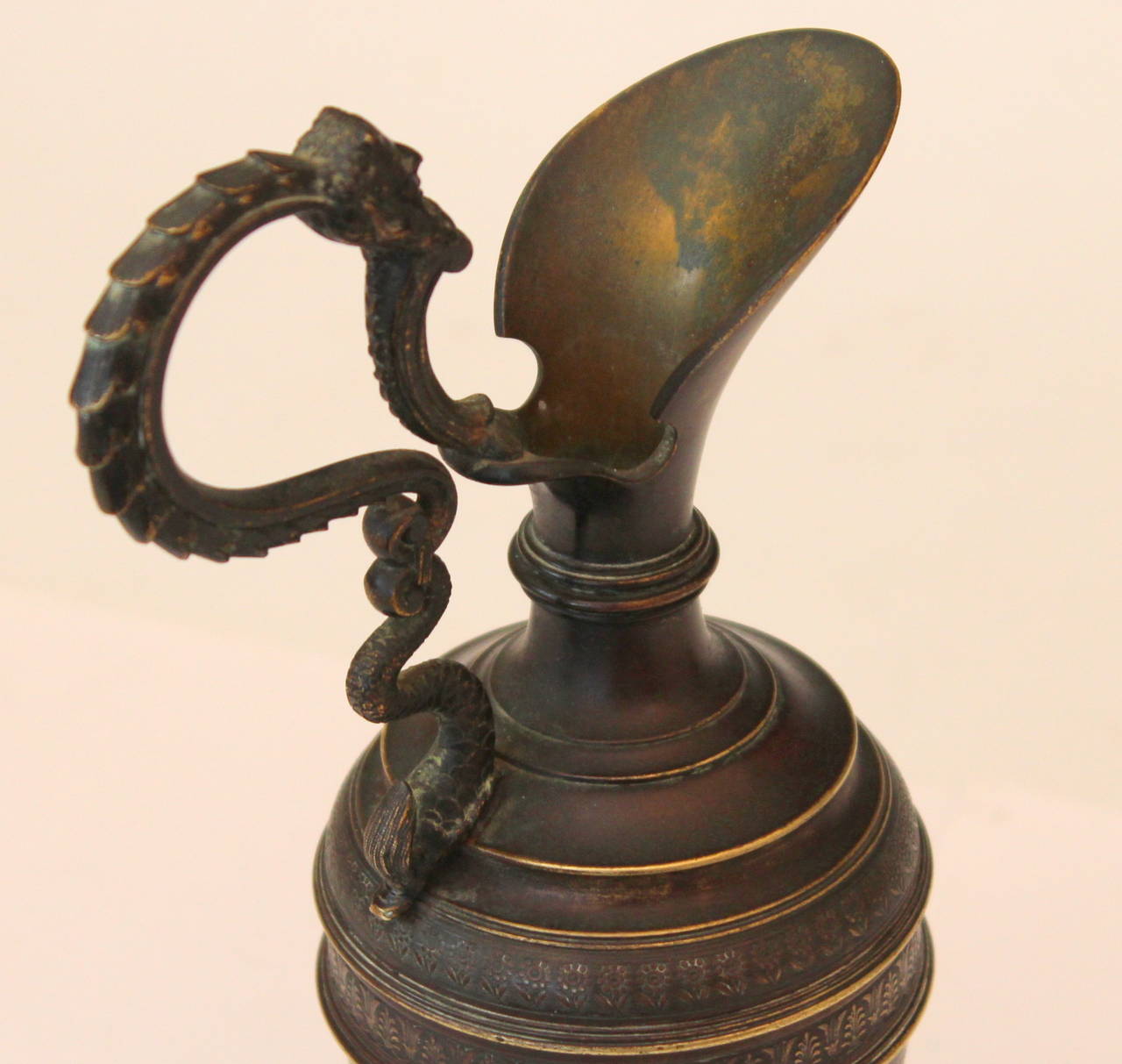 Italian Antique Grand Tour Dark Patina Renaissance Revival Gilt Bronze Ewer For Sale