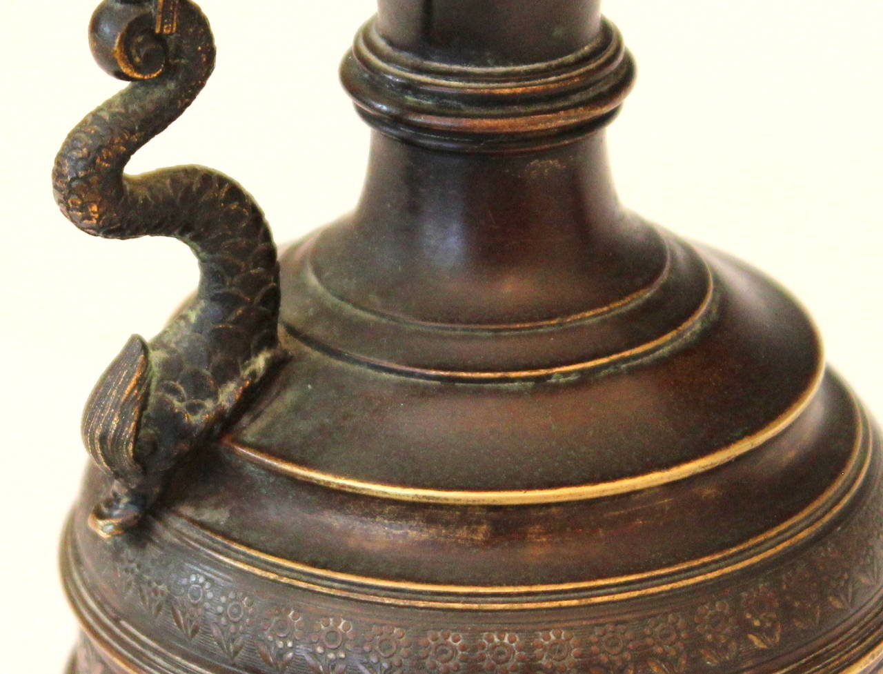 Antique Grand Tour Dark Patina Renaissance Revival Gilt Bronze Ewer In Excellent Condition For Sale In Wilton, CT