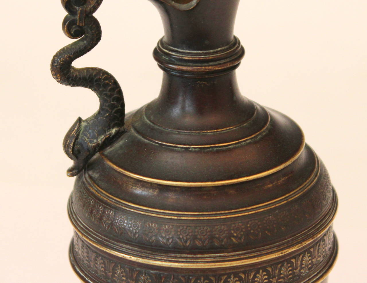 Antique Grand Tour Dark Patina Renaissance Revival Gilt Bronze Ewer For Sale 1