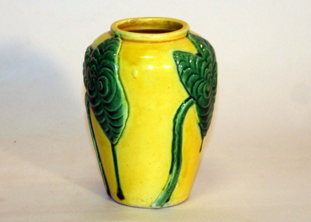 Japanese Awaji Pottery Vase with Applied Lily Leaves For Sale