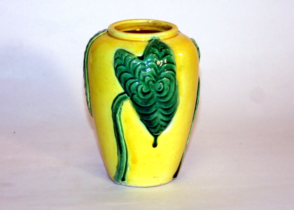 Awaji Pottery Vase with Applied Lily Leaves For Sale 2